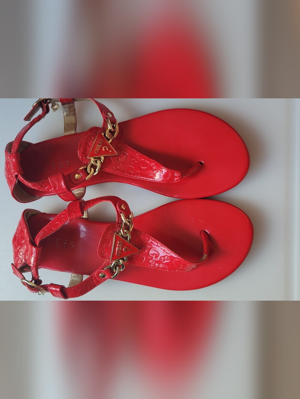Guess Red T-Strap Sandals with Gold Chain Accent Size 8.5
